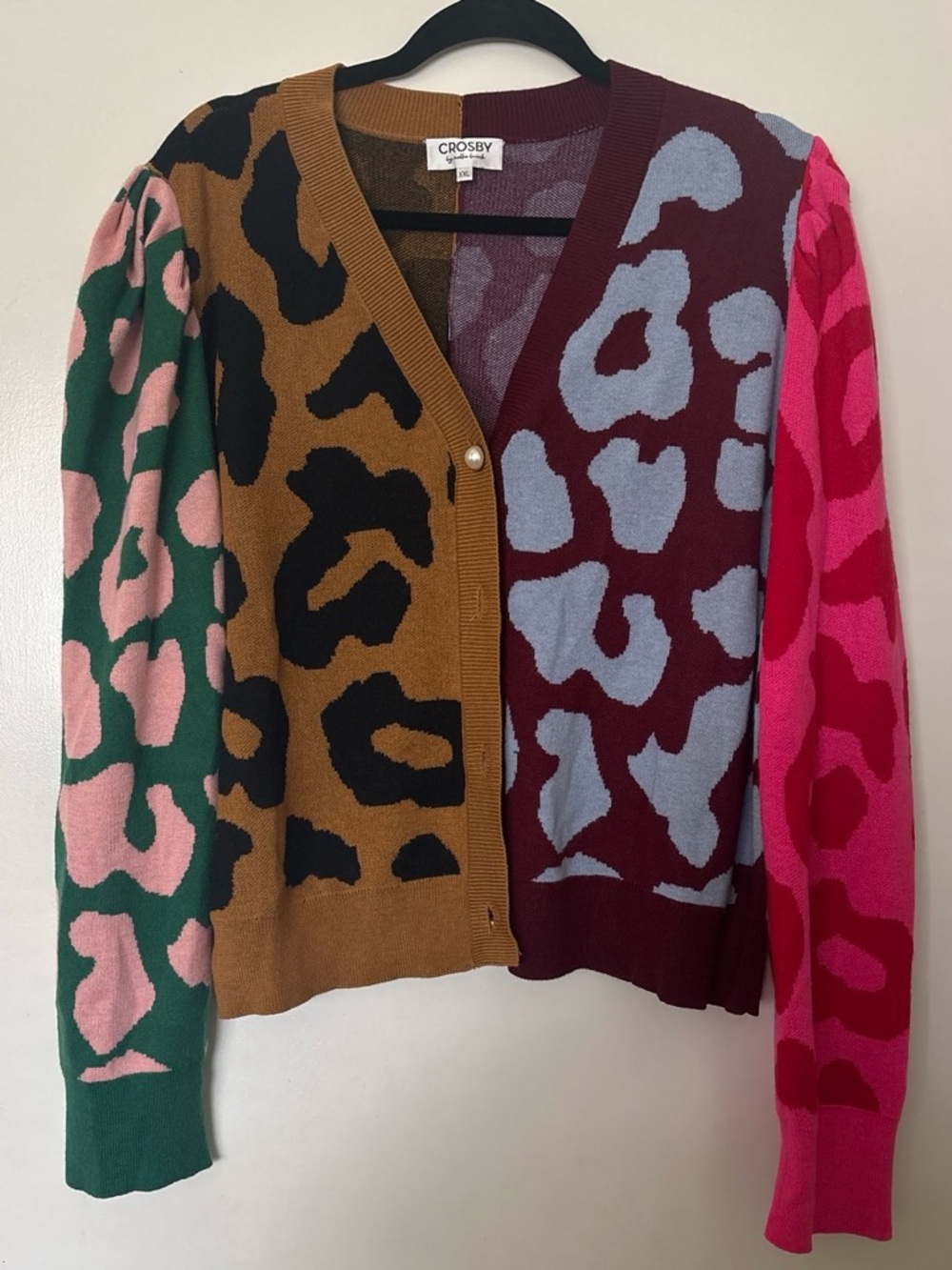 Crosby Quiet Luxury Multicolor Leopard-Print V-Neck Cardigan — Puffed Sleeves